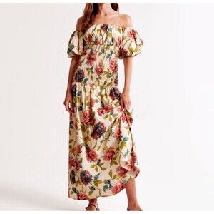 Abercrombie & Fitch Smocked Drop-Waist Puff Sleeve Floral Maxi Dress Size MT